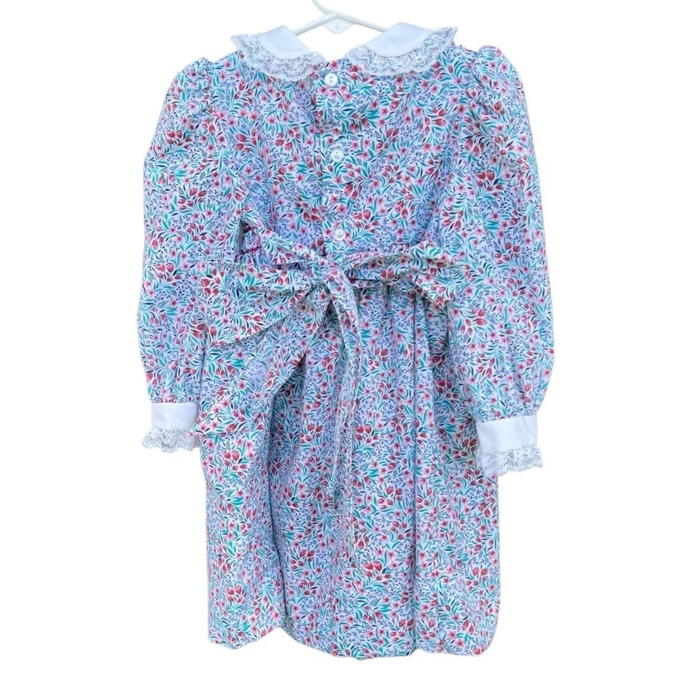 Vtg Polly Flinders Delicate Floral Long Sleeve Dress Diamond  Smocked Lace Sz 3T